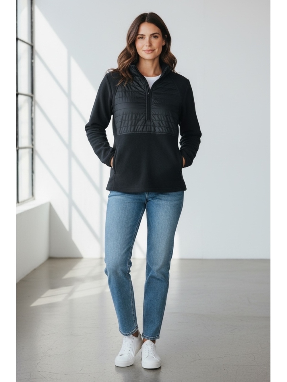 Columbia Women's Black Half-Zip Fleece Pullover with Quilted Chest Panel, Size M